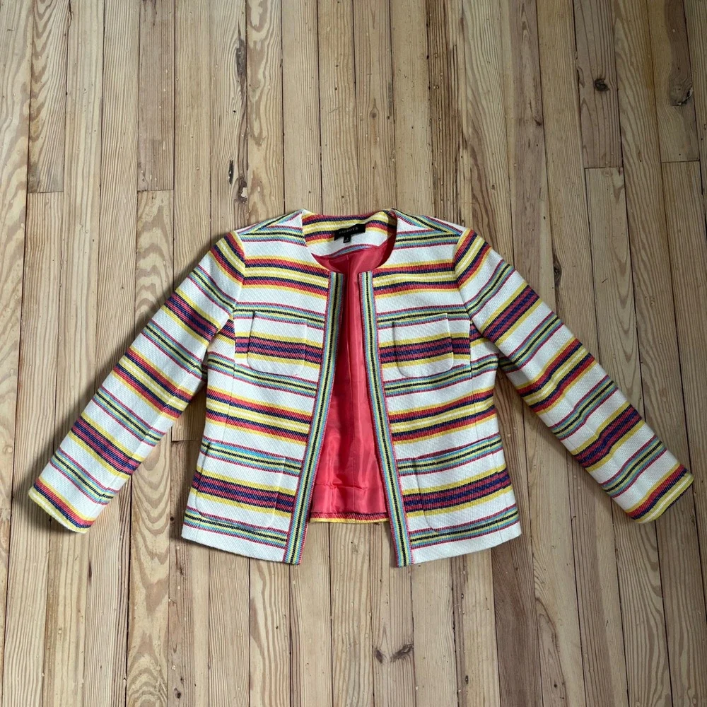 Talbots Women Colorful Striped Blazer Jacket Preppy Business Collarless Size 2
